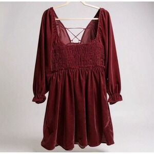 Free People Size XS Daphne Burgundy Velvet Dress Crisscross Back Goth‎ Whimsy